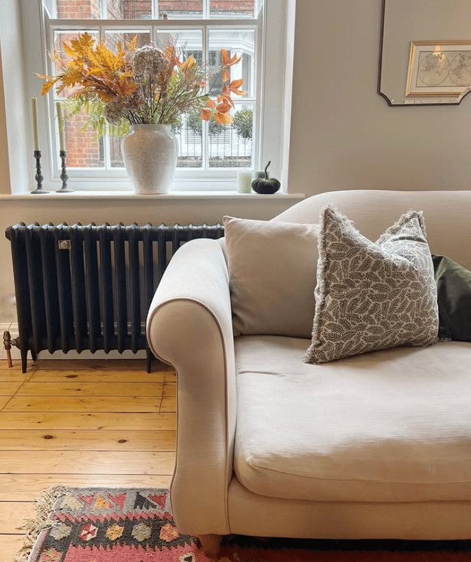 Cozy living room with decorative elements and a cast iron radiator.